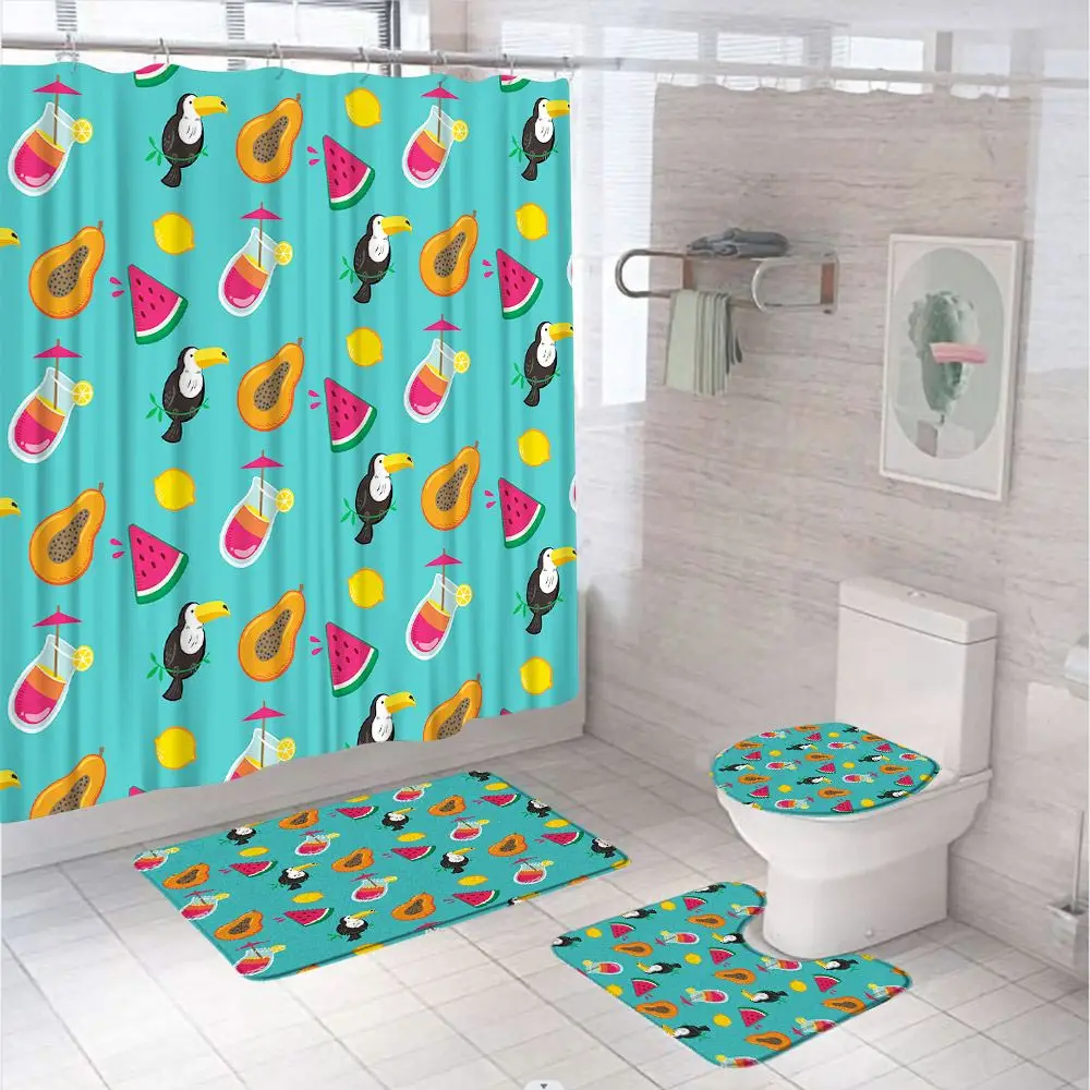 

Tropical Animal Toucan Shower Curtain Sets Summer Watermelon Lemon Fruit Bathroom Screen Fabric With Rug Bath Mats Toilet Cover