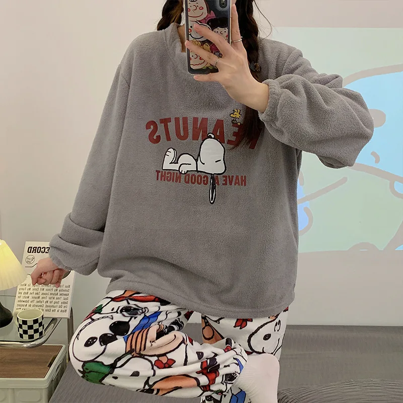 Peanuts Cartoon Snoopy Flannel Cartoon Pajamas Thick Homewear Coral Fleece Long Sleeves Pants Warm Suit Cute Girl Christmas Gift