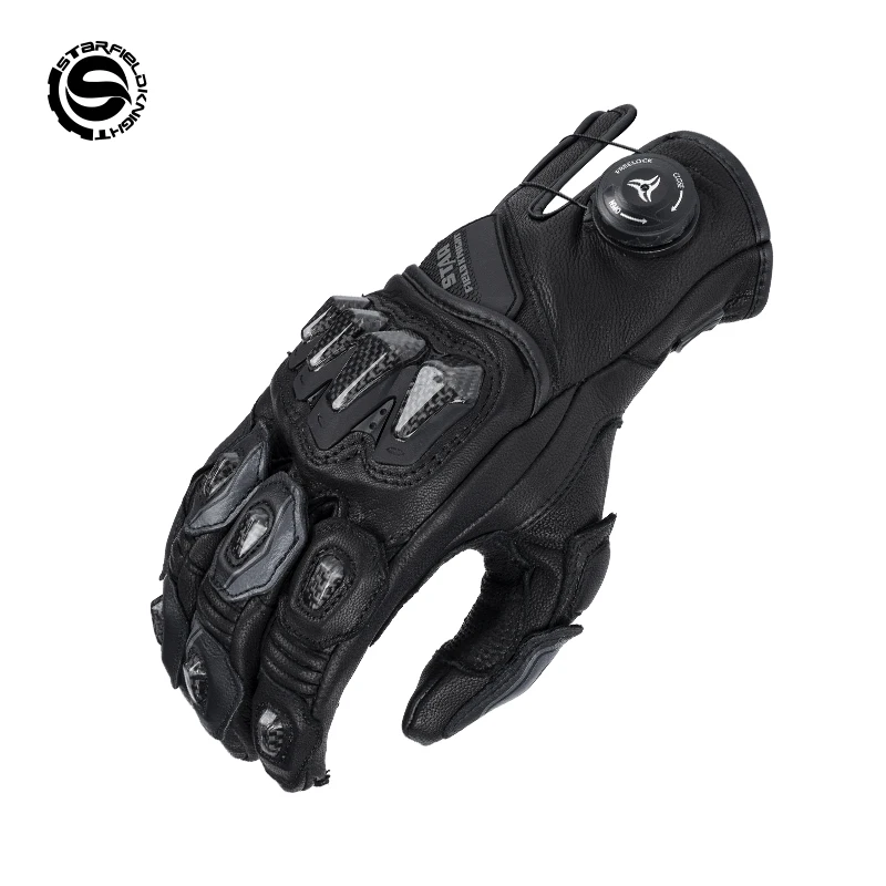 

SFK Black Motorcycle Real Goat Leather Riding Gloves Non-slip Wear-resistant Carbon Fiber Protection Knob Adjust Touch Screen