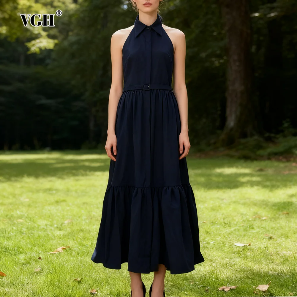 VGH Elegante strandstijl lange jurken voor vrouwen revers mouwloze hoge taille gesplitste riem gedrapeerde casual jurk vrouwelijke mode nieuw