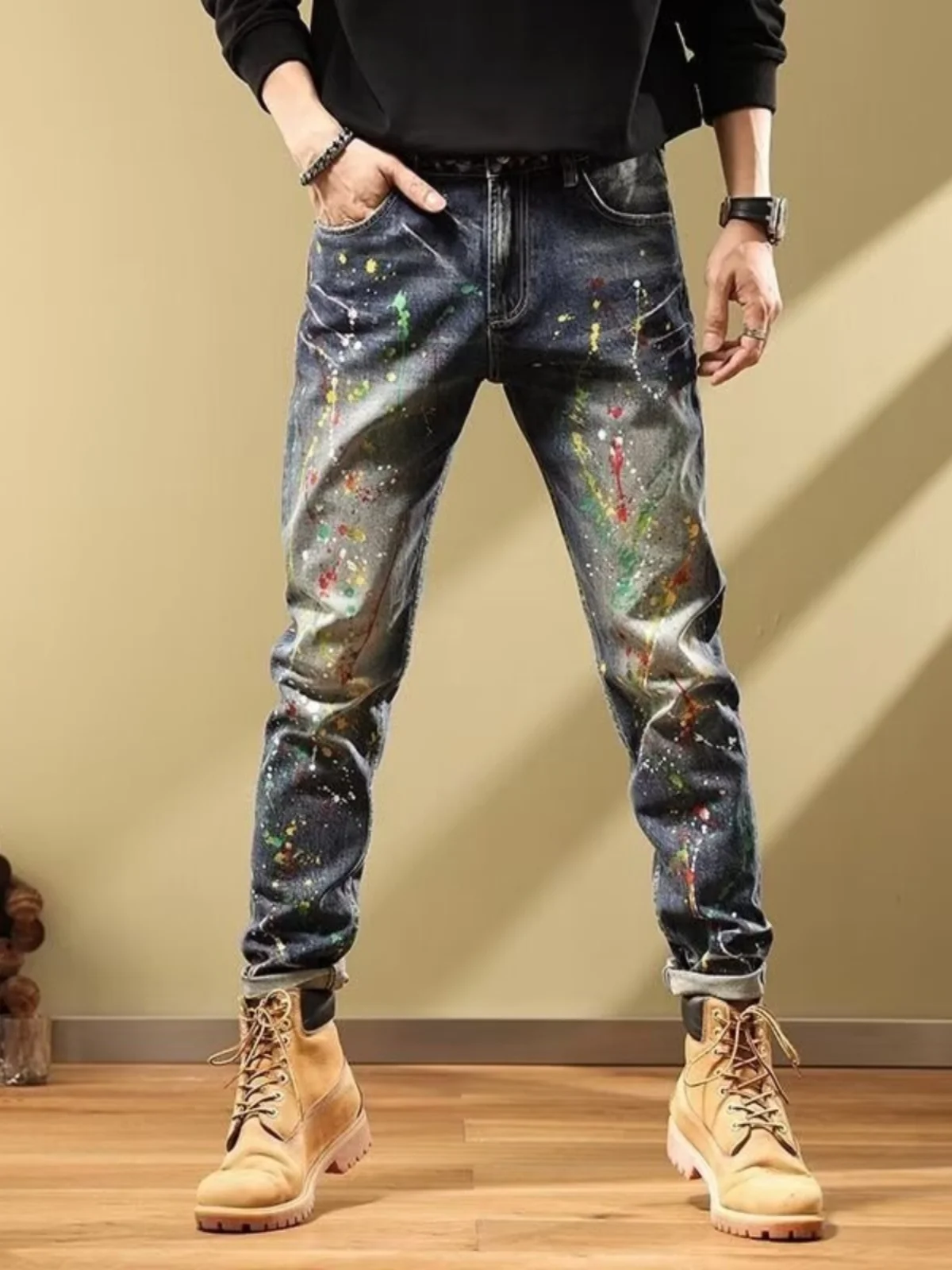 

High-End Men's Slim Fit Paint Splatter Denim Jeans Spring Summer Trendy Brand Elastic Long Pants Youthful Wear Resistant
