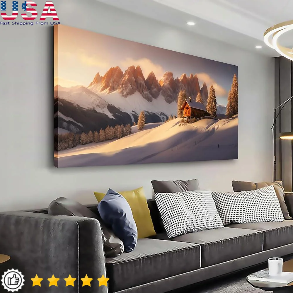 Landscape Wall Art Canvas Snow Mountain Huts Sunset Scene High Definition Printing Easy Hanging Decor Living Room Bedroom Office