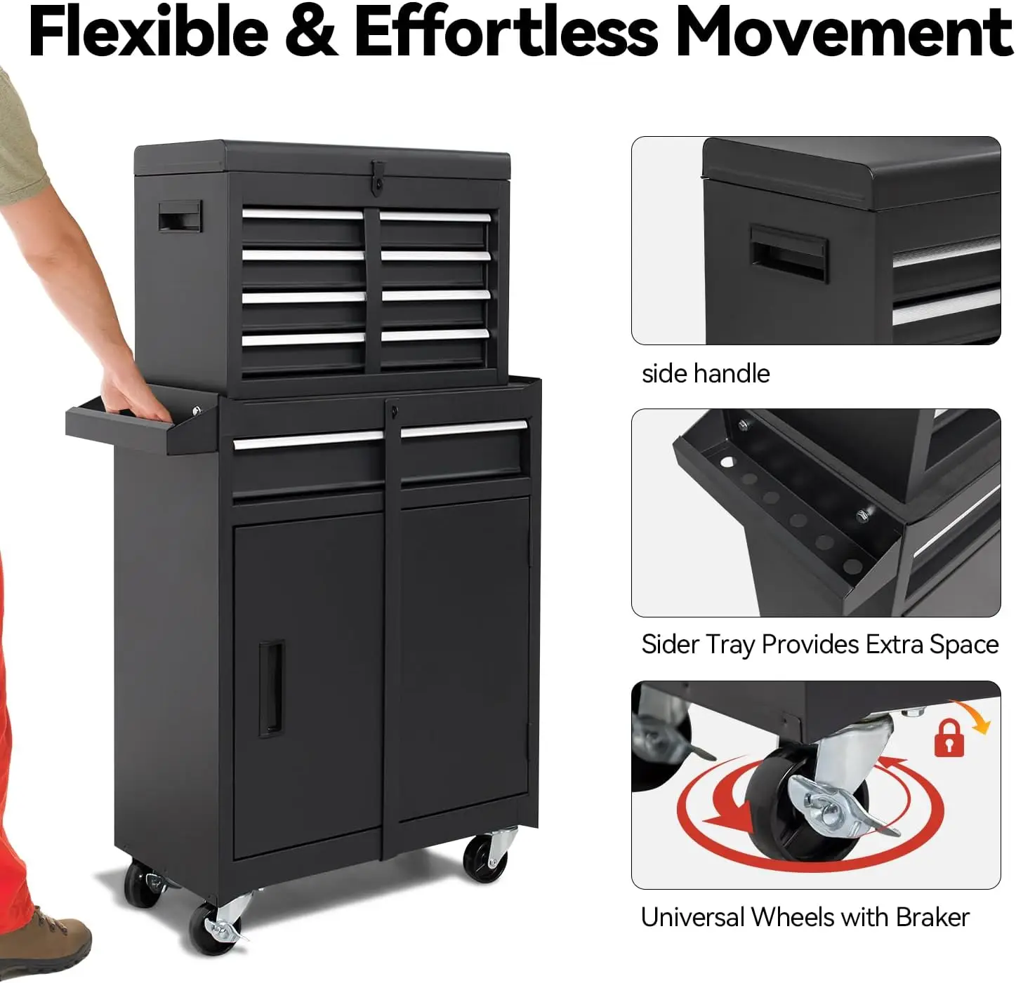 HPDMC 5-Drawer Rolling Tool Chest Adjustable Shelf Lockable Drawers Detachable 2 in 1 Mechanic Tool Box Storage Cabinet