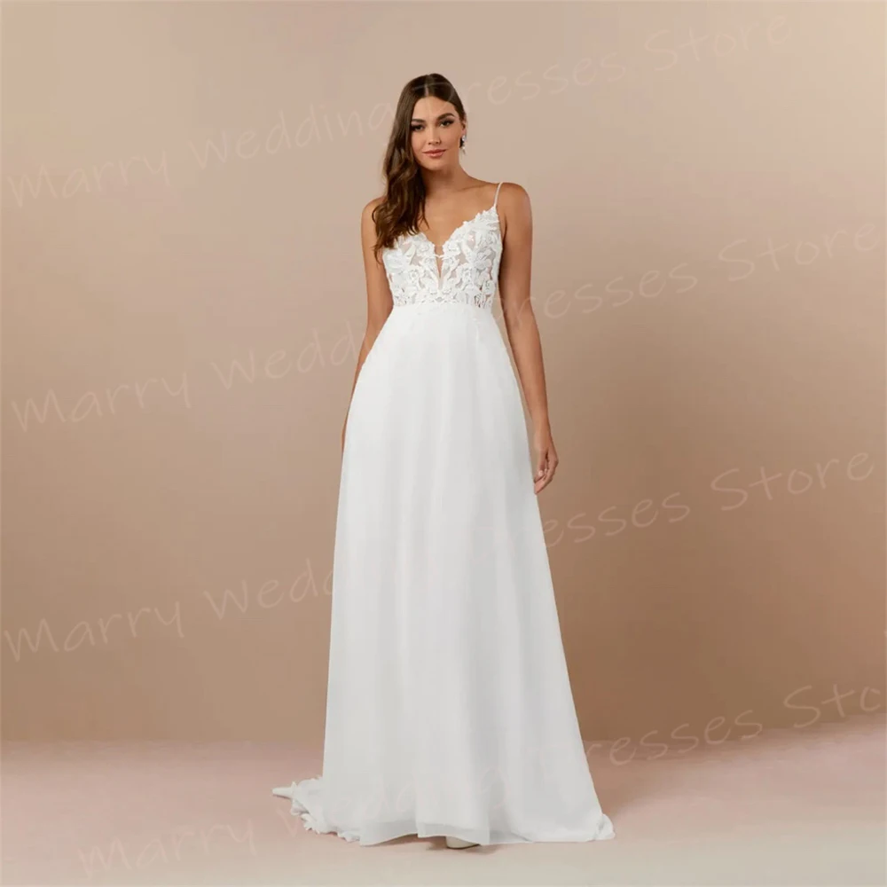 Vestidos De novia populares De una línea para mujer, Apliques De encaje clásicos con vestidos De novia, tirantes finos, sin mangas, sin espalda