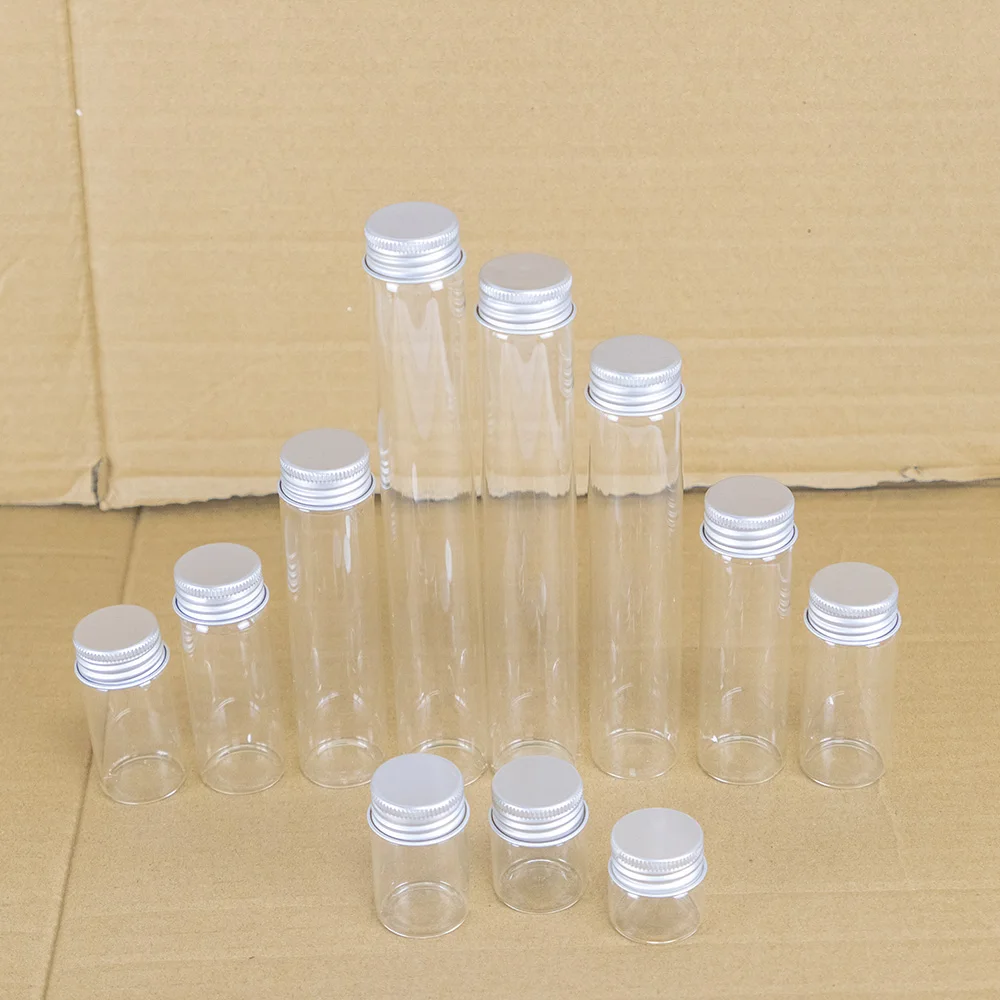 

10pcs 10ml 15ml 20ml 25ml 30ml 40ml 50ml 100ml Tiny Transparent Glass Bottles with Silver Aluminium Screw Cap Cute Jar Vial DIY