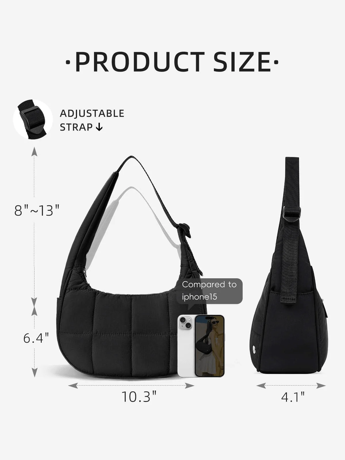 محفظة صغيرة منتفخة على شكل هلال للنساء، حقيبة كتف مبطنة من النايلون مع حزام قابل للتعديل، حقائب يد ومحافظ منتفخة