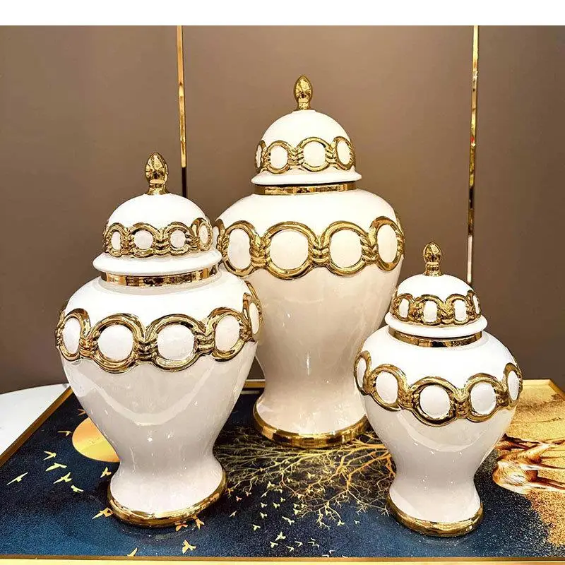 Golden Circular Ring Relief Ceramic Storage Jar Gold-plated General Desktop Jewelry Organizer Box Cosmetic Container