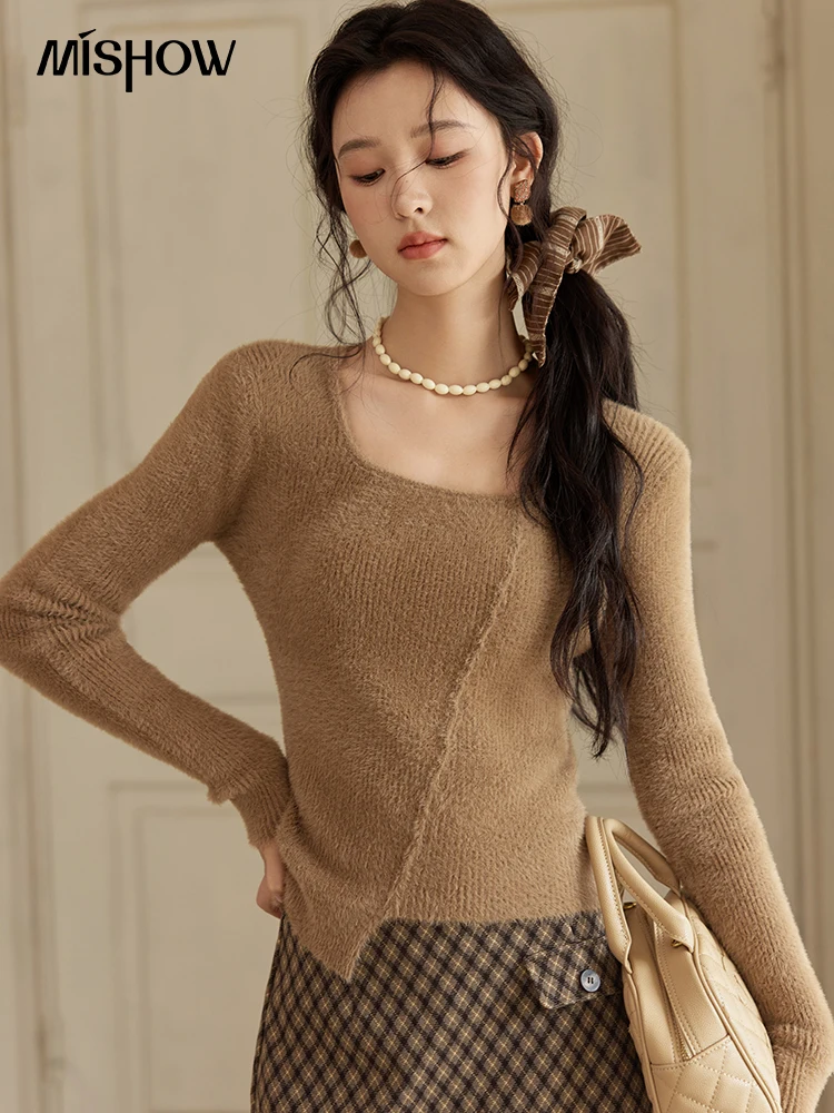 MISHOW Women’s Asymmetric Casual Sweater Knitted Pullover 2024 Fall Winter Korean Square Neck Soft Tops Solid Sweater MXD35Z0986