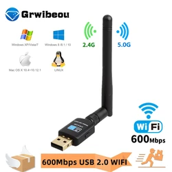 Adaptador USB WiFi de Banda Dupla, 600Mbps, 5B10, 5.8GHz, 2.4GHz, Com Antena, PC, Mini Computador, Receptor de Placa de Rede, 802.11, N, G, AC