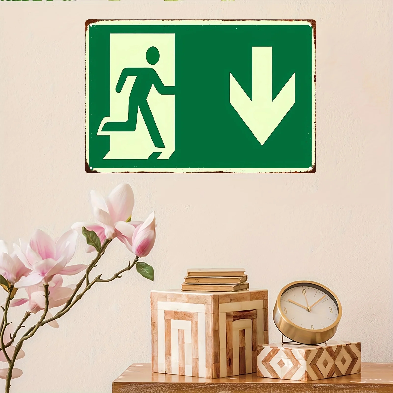 2D Vintage Metal Iron Sign | Painting with a Green Emergency Exit Escape Symbol Suitable for Living Rooms, Bedrooms, Gardens
