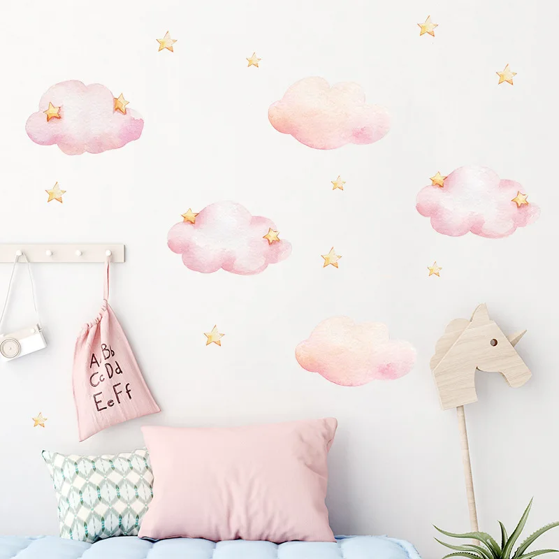 

Pink Cloud Stars Wall Stickers Interior Decoration Wall Decals For Living Room Sticker Bedroom Wallpaper Home Background Decor