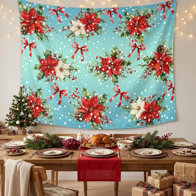 VIKAMA Red Plaid Snowmen Snowy Yard Tapestry, HD Print Wall Hanging for Farmhouse Living Room Holiday Wall Decor