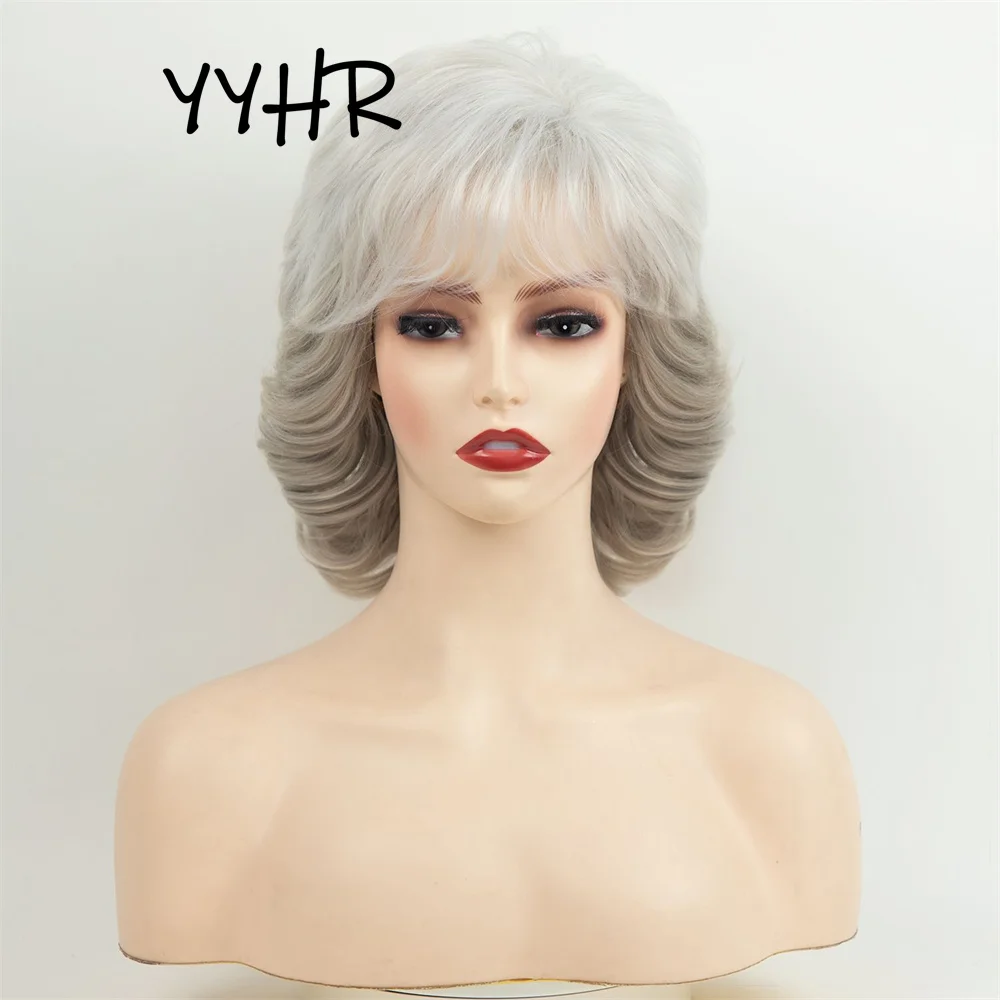 

High Quality Synthetic Wig White Ombre Silver Gray Color Short Wavy Curl Women's Wig With Bangs Cosplay or Party Use