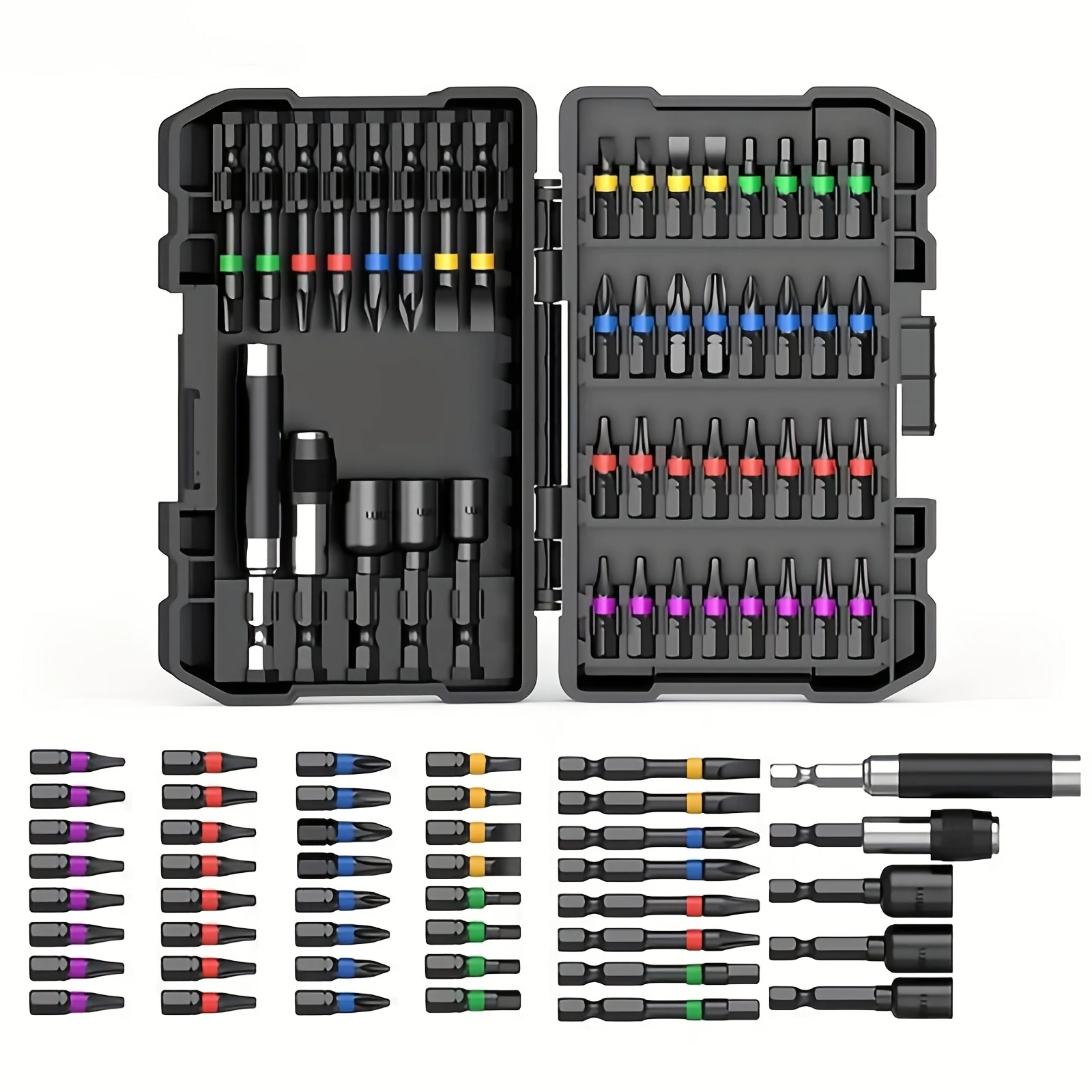 45Pcs Impact Screwdriver Bit Set, S2 Steel Magnetic Driver Bits, Phillips Slotted Torx Hex Plum Bit with Extension Holder & Sockets, 1/4