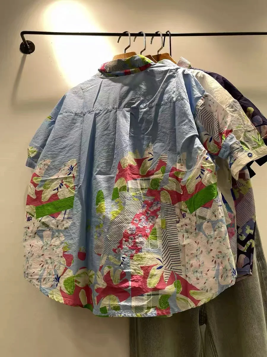 Bust 120cm original design pure cotton oversized shirts for women Japan harajuku fashion cartoon print shirts short sleeve blous