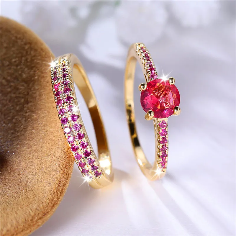 Female Crystal Rose Red Zircon Stone Round Engagement Ring Set Luxury Yellow Gold Color Wedding Jewelry For Women