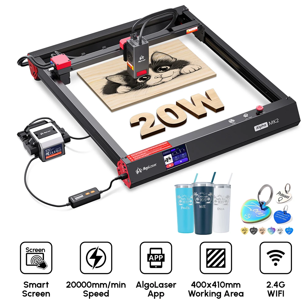 Algolaser Alpha MK2 Powerful 20W Laser Engraver Machine With Smart Screen&Air Pump&Risers For DIY Metal Glass Acylic Engrave Cut
