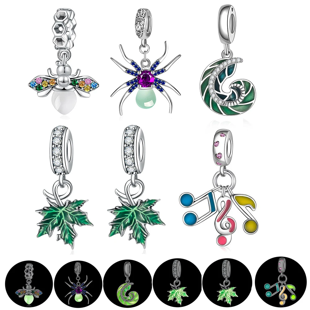 

European S925 Sterling Silver AAA CZ Noctilucent Insect Plants DIY Charms Bead Dangle Fit Original Bracelet Jewelry For Women