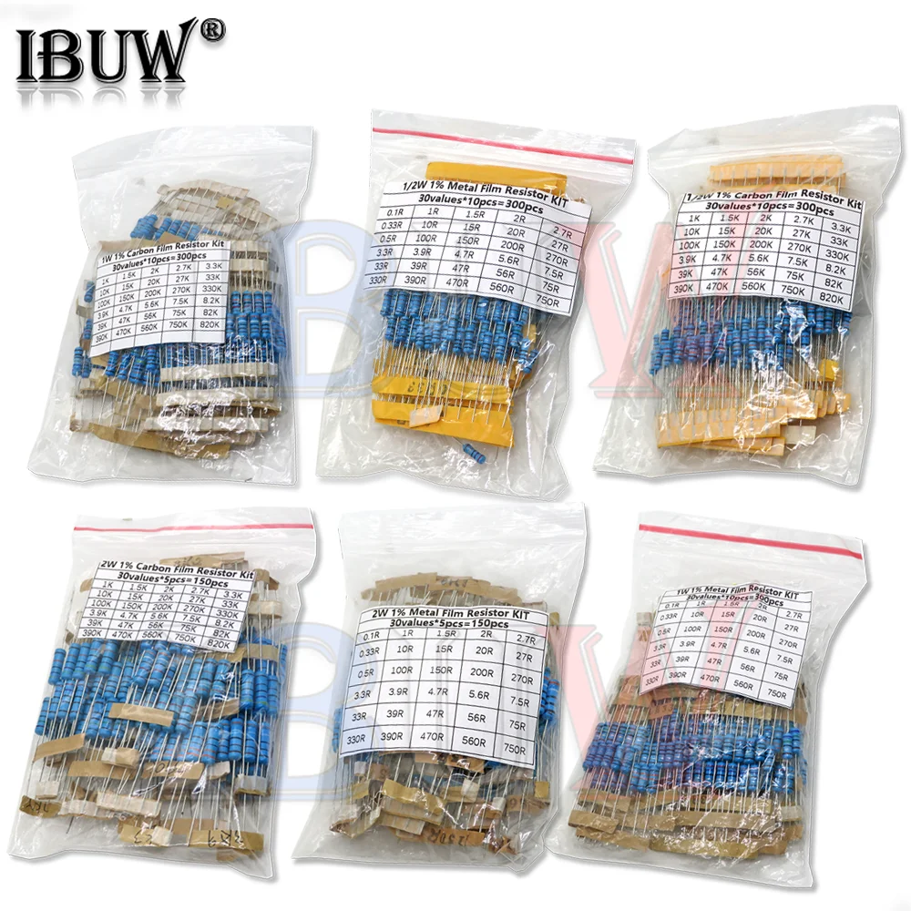 150PCS 300PCS 1/4W 1/2W 1W 2W 3W Resistance 1% Metal Film Resistor Assortment Kit Set 30Kinds Each 5/10PCS 1~750 1K~820K Ohm