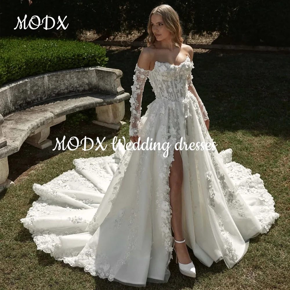 

MODX Изысканное свадебное платье принцессы с 3D цветочным кружевом и открытыми плечами, высокой талией, с разрезом и скользящим шлейфом, вечерние свадебные платья по индивидуальному заказу