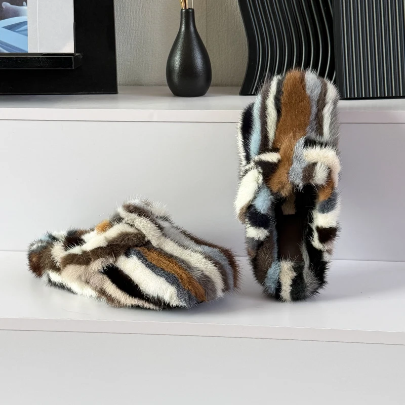 Women's Mules and Clogs Mink Fur Slippers Winter Women'S Slippers Color Blocking Fur Slides Plush Fur Clogs Shoes for Woman view 3