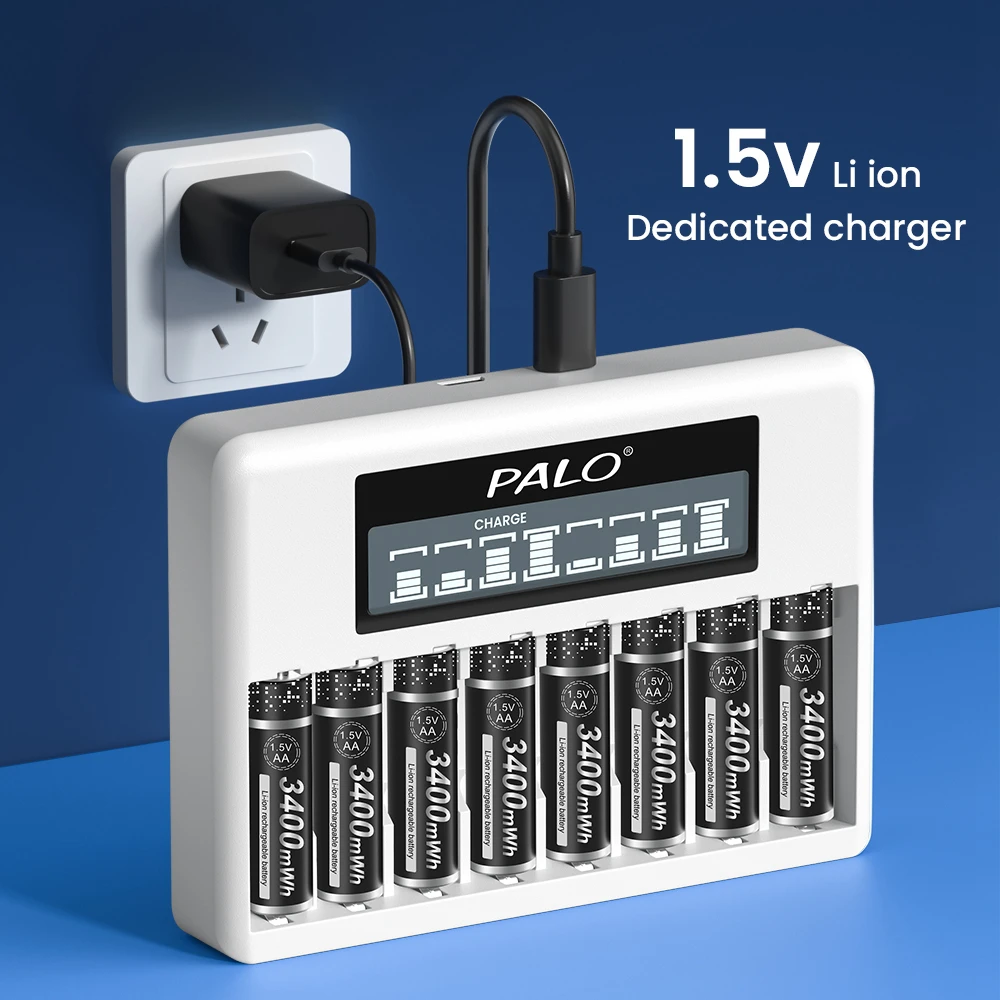 PALO 3400mWh 1.5V AA Li-ion Rechargeable Battery AA Lithium ion Batteries AA Cell 2A Batteries+1.5V AA AA Battery Charger