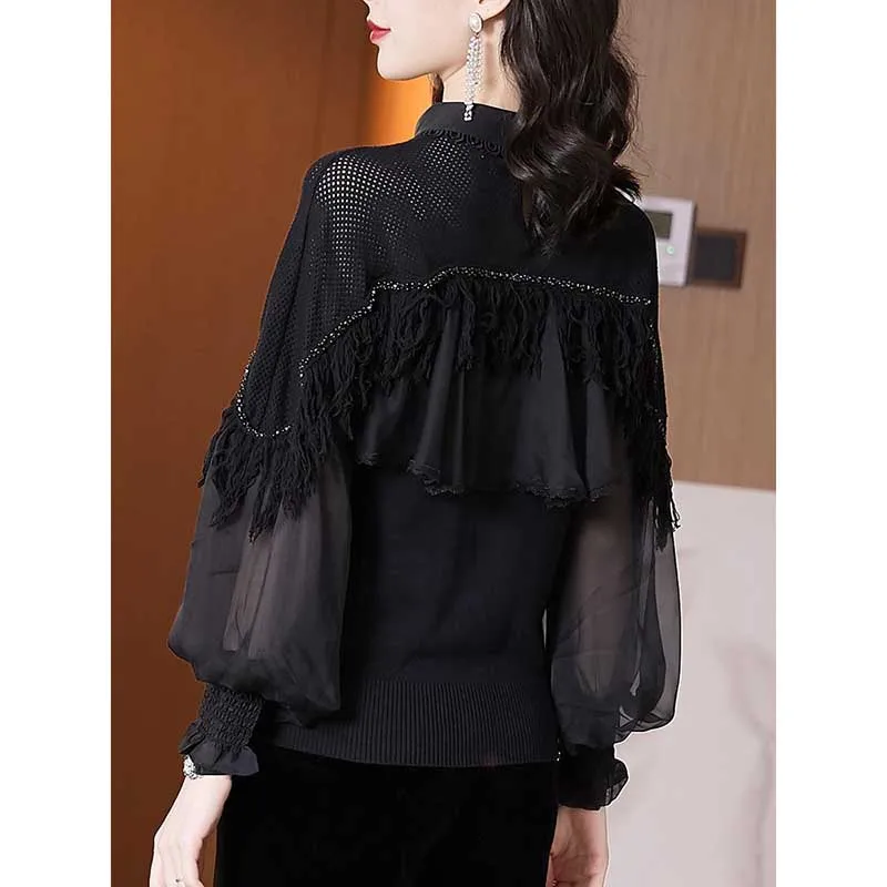 Elegant Gauze Spliced Beading Tassel Ruffles Blouses Women\'s Clothing 2024 Spring New Loose Korean Tops Lantern Sleeve Shirts