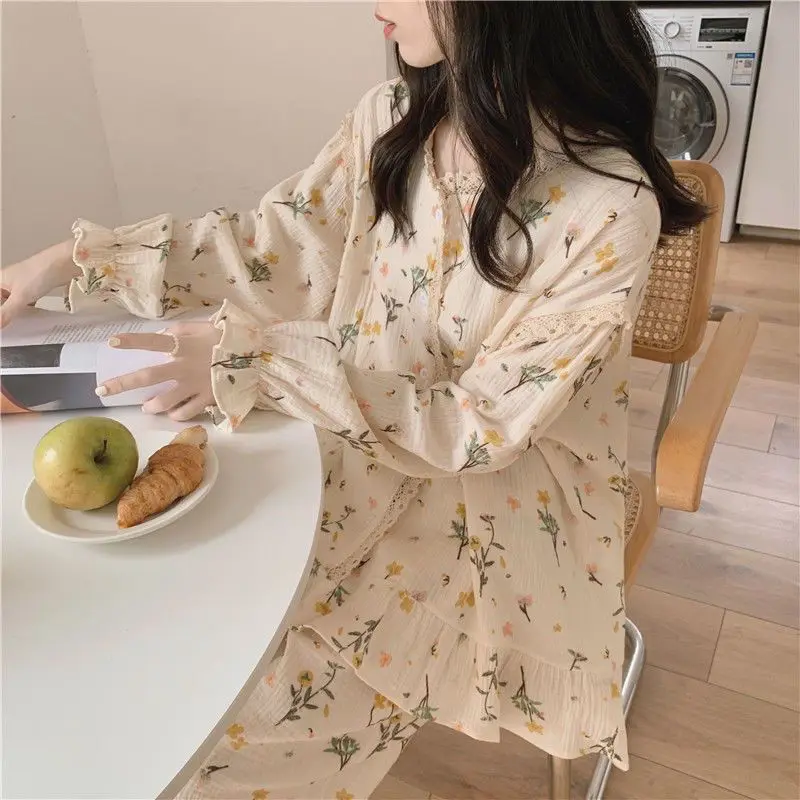 Floral Sleepwear Women Pajama Sets Korean Piiama Ruffles Night Wears Autumn Pants Sets 2 Pieces Lace Long Sleeve Home Suit New