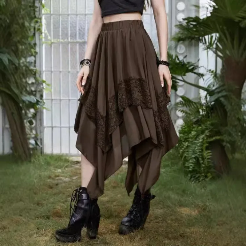 Damskie spódnice koronkowe w stylu gotyckim punkowym Y2K streetwear steampunk z kontrastową koronką, nieregularne, renesansowe, cosplay, nowa kolekcja vintage 2025