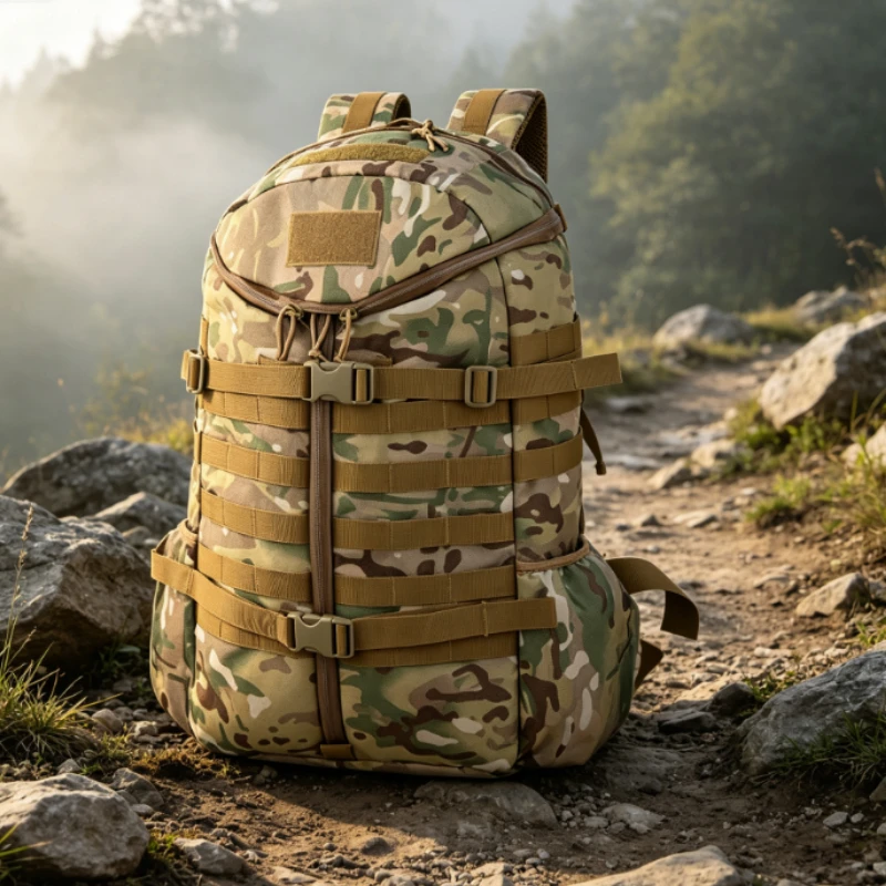 Camouflage Outdoor Backpack with MOLLE Webbing & Adjustable Straps for Hiking Camping Travel Durable Nylon Gear Bag