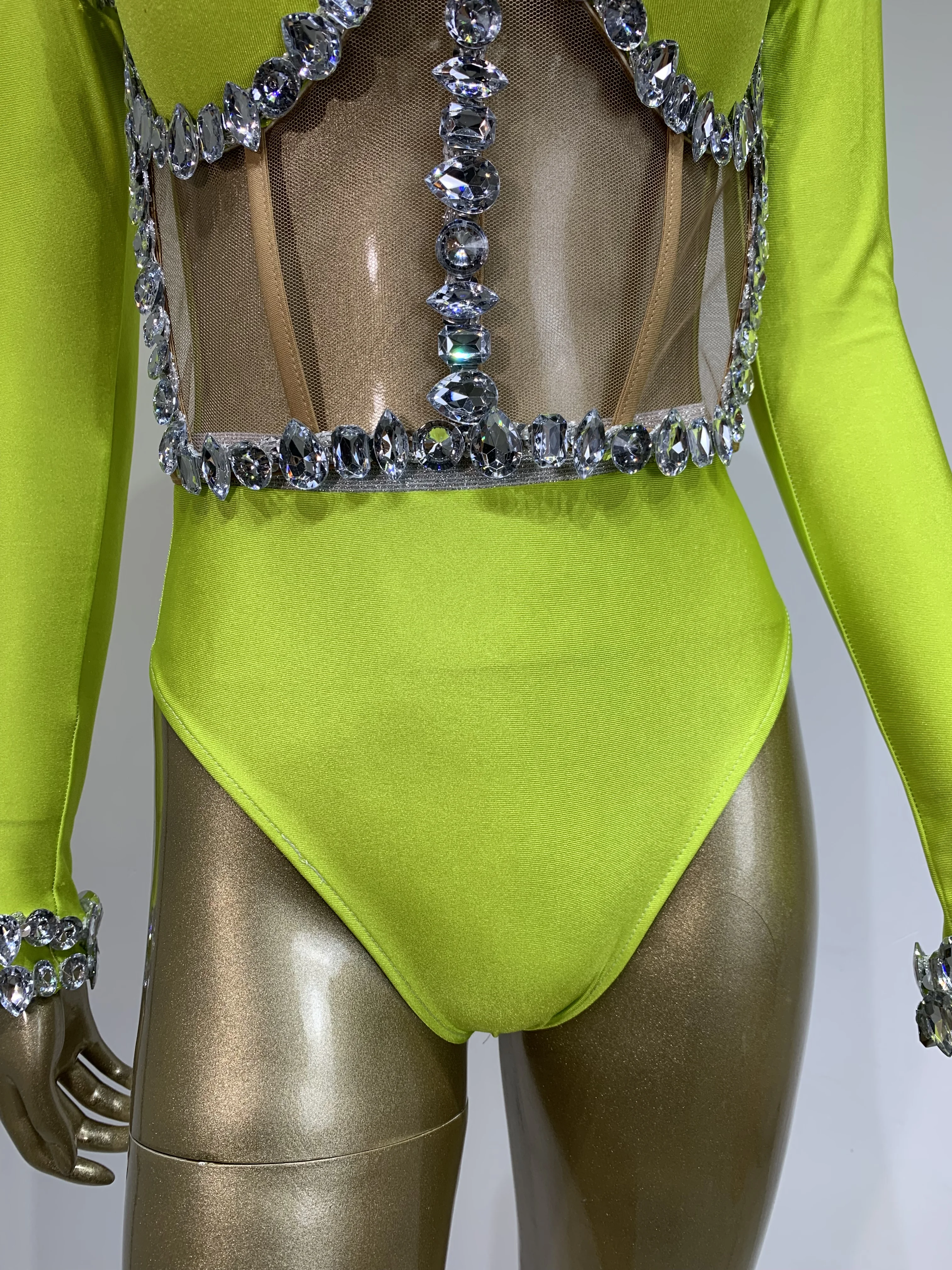 Stock Women Sexy Sparkly Diamonds Green Leotard Set Performance Dance Costume Nightclub Evening Party Singer Dancer Stage Wear