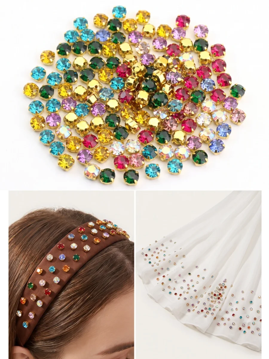 Bunte Glaskristall-Strasssteine mit Goldfassung 3mm 4mm 5mm 6mm 7mm 8mm in Fantasiefarben, runde Form, zum Aufnähen für Kleidungsstücke DIY – Detail 1
