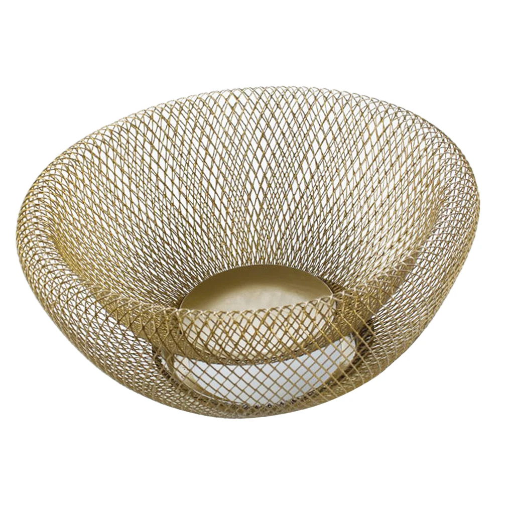 Double Wall Mesh Decorative Fruit Basket Metal Mesh Snack Bowl Centerpiece Kitchen Holder - Gold