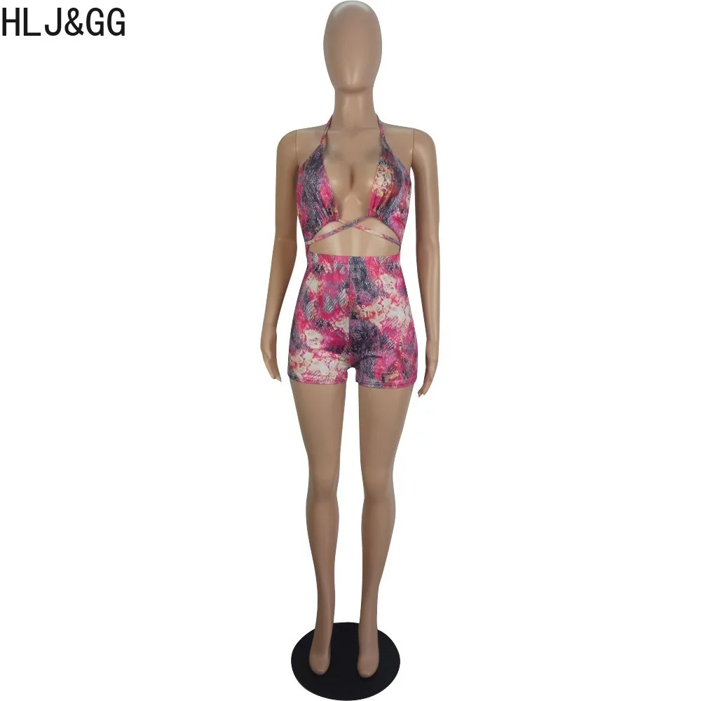 HLJ & GG Romper Bodycon seksi untuk wanita, baju terusan ramping punggung terbuka, renda, Halter tanpa lengan, pakaian modis wanita, motif Hollow Out