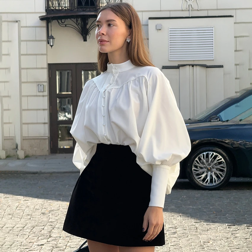 Linad Elegant Lantern Sleeve White Shirts Female Office Single-Breasted Woman Blouse Casual Solid Stand Collar Ladies Top 2025