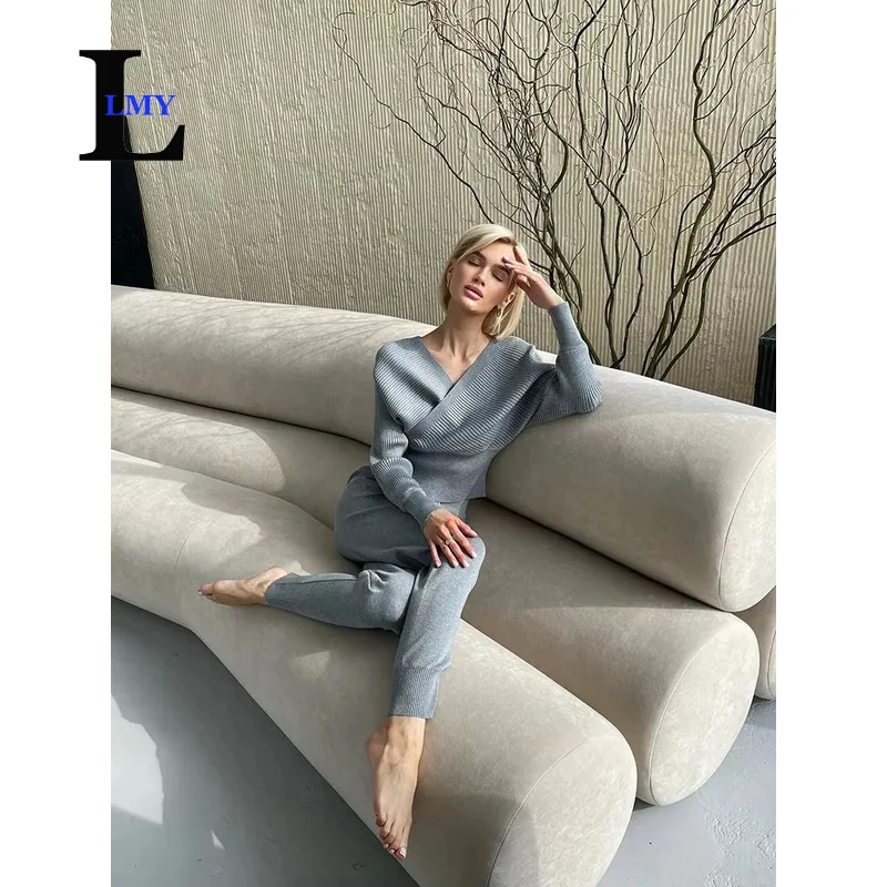 LMY Off Shoulder Knitted Sexy Two Piece Set Women Ribbed Knitted Backless Long Sleeve Tracksuit Sweater Pants Suits Knit 2 Piec