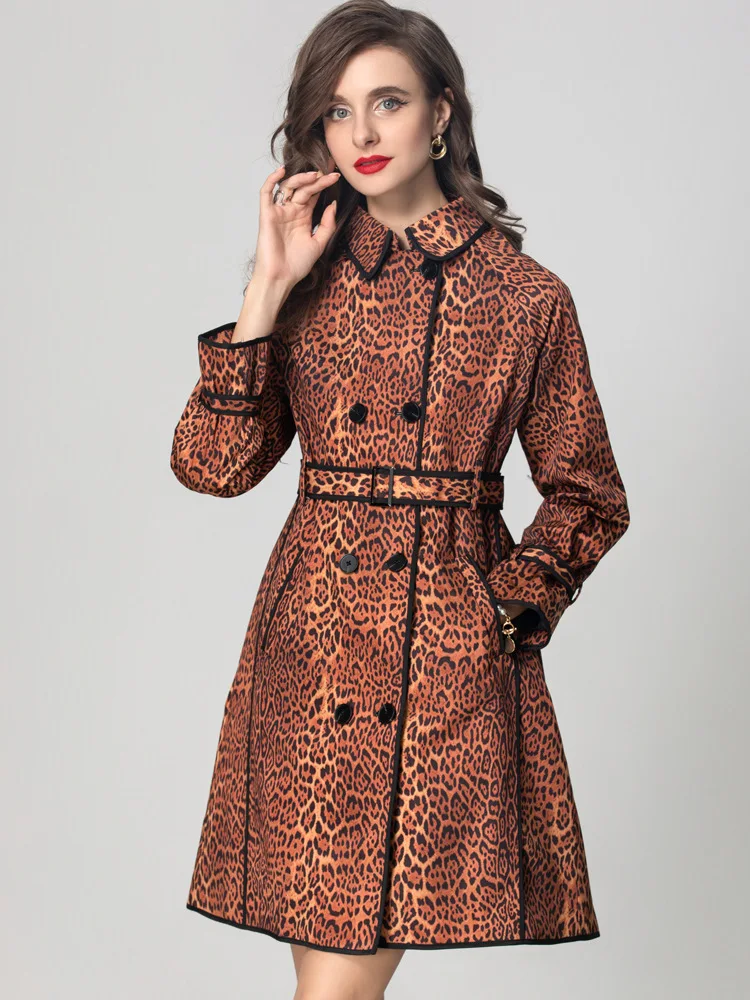 AELESEEN Vintage Women Autumn Winter Trench Design Fashion Turn-down Collar Patchwork Leopard Print Belt Elegant Long Coat