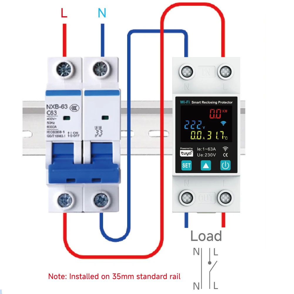 1-63A Adjustable Circuit Breaker Tuya Smart WIFI 2P Earth Leakage Over Under Voltage Protector Relay Switch Energy kWh Meter