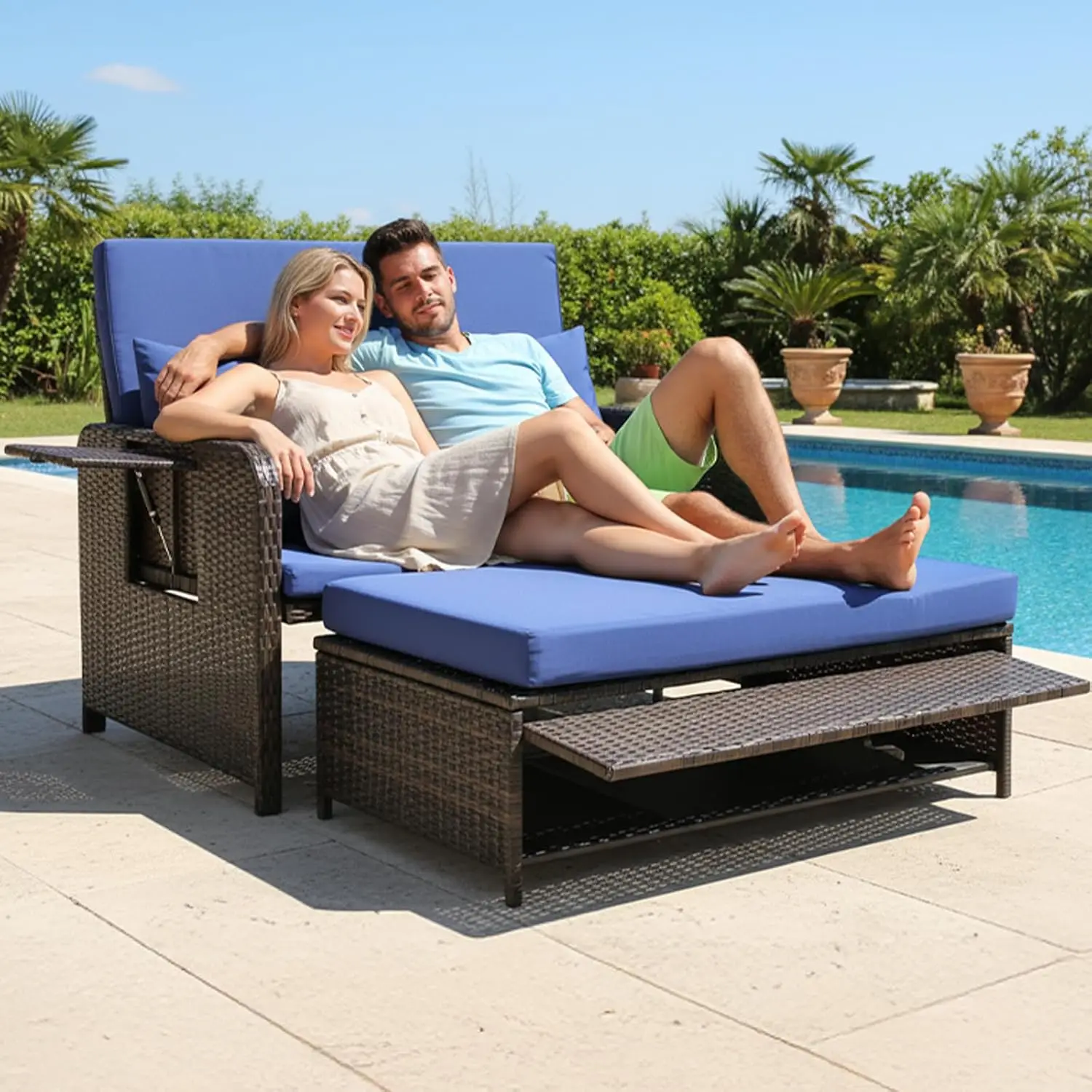 Wicker Patio Daybed with Storage Ottoman & Adjustable Backrest, Rattan Cushioned Loveseat for Garden Backyard, Customized