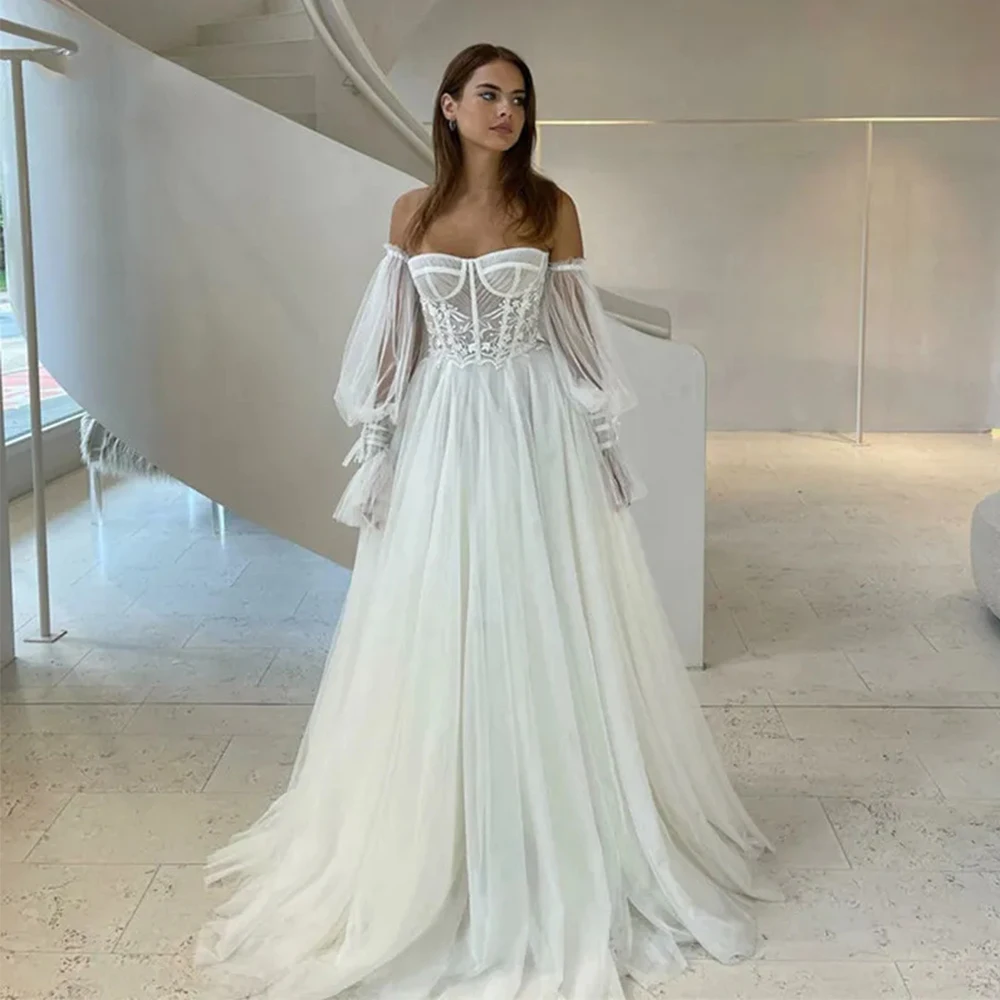 

Elegant Beautiful Wedding Dresses Gorgeous Satin Exquisite Puff Sleeve Appliques Lace Off Shoulder High Fork Mopping Bride Gown