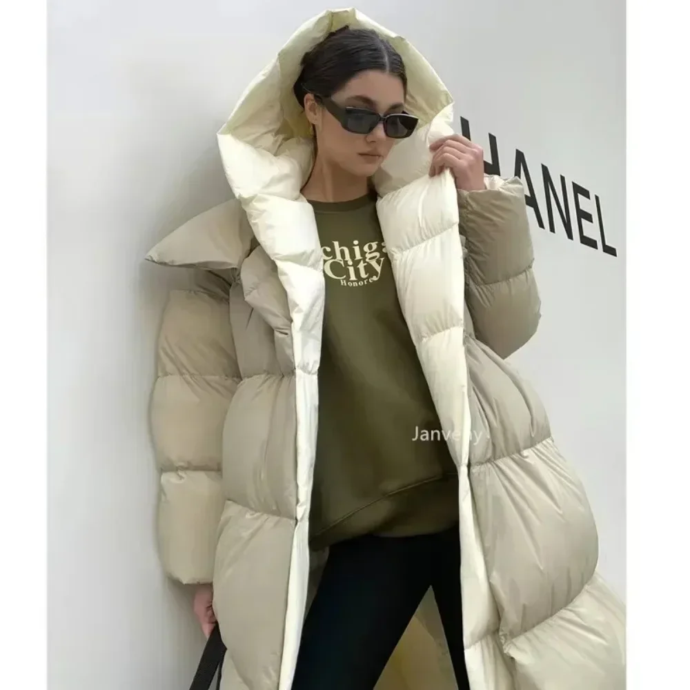 Winter Thickness Warm Long Puffer Coat Hooded Female Fashion Fake Two-piece Parkas Fluffy White Duck Down Jacket Women