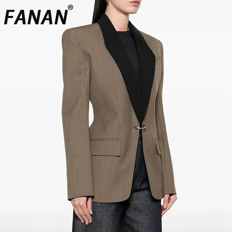 

FANAN Women's High End Blazers Spliced Contrast Color Coats Single Button Long Sleeve Jackets Fashion Clothing 2025 Spring New