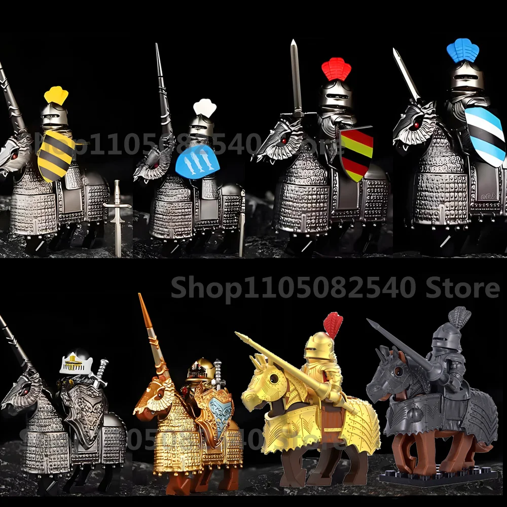 

MOC Medieval Knight Warhorse Building Block Anime Game Mech Figure Warrior Gothic Mount Shield Gun Sword Mini Brick Toy Gift Z06