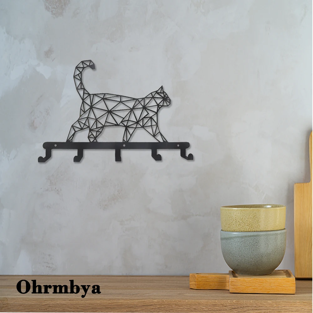 3D Metal Key Holder Black Key Hooks Wall Mount Hanger Decor Hanging Organizer Rack Decorative with 5 Hooks Cat Pattern Wall Art