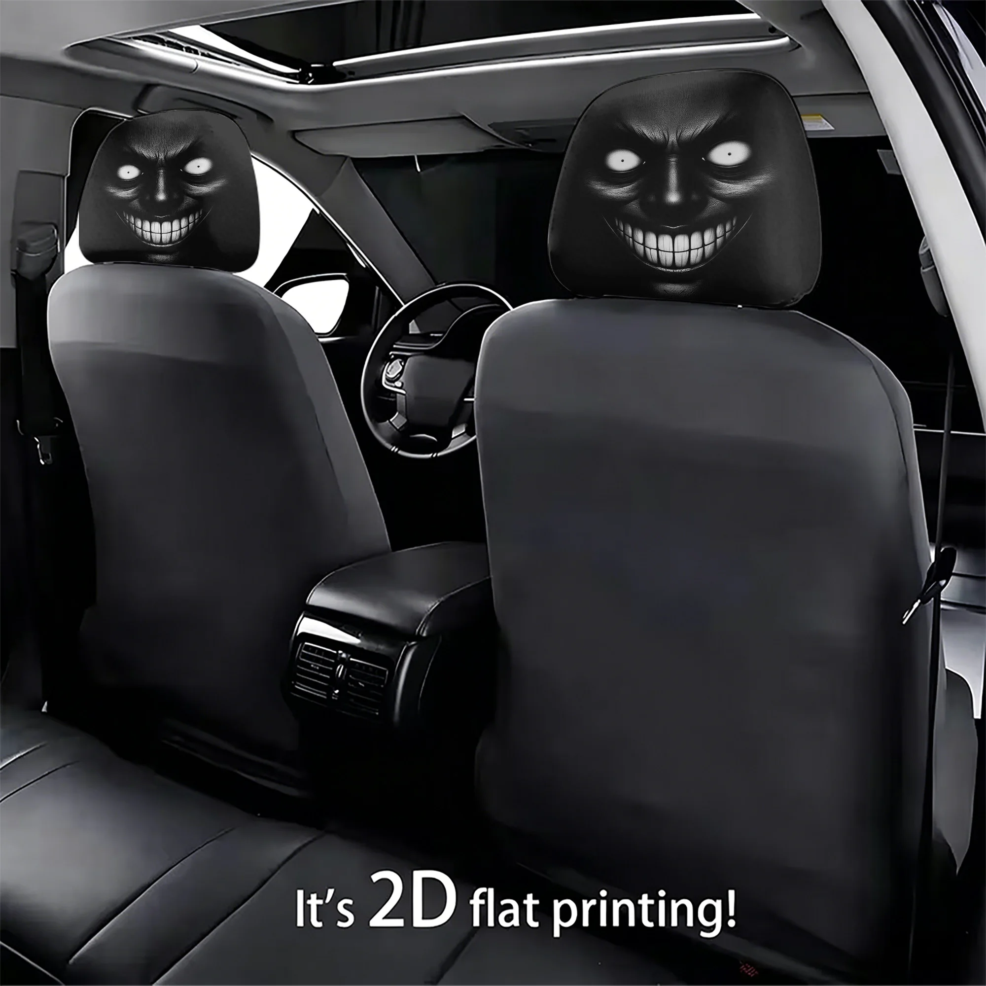 2pcs Creepy Smiley Face-Patterned Car Headrest Covers, adding  style to your car’s interior. Does not include filling. Easy to i