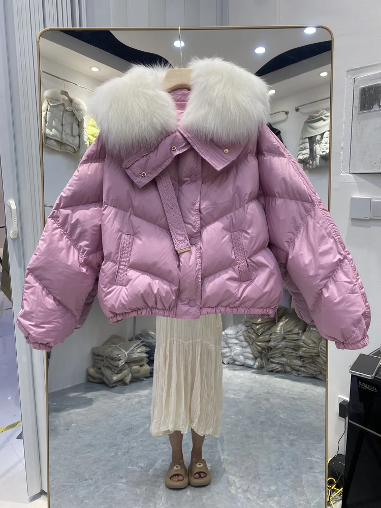 Chaqueta de plumón de pato blanco para mujer, Parka holgada con cuello de piel de zorro Real grande, abrigo acolchado corto y cálido, novedad de