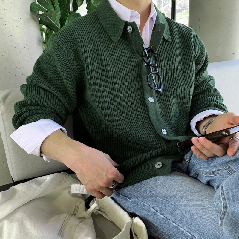 

Мужской однобортный кардиган, корейский модный вязаный свитер, осенне-зимний жаккардовый полосатый кардиган, свитер, однотонная уличная куртка