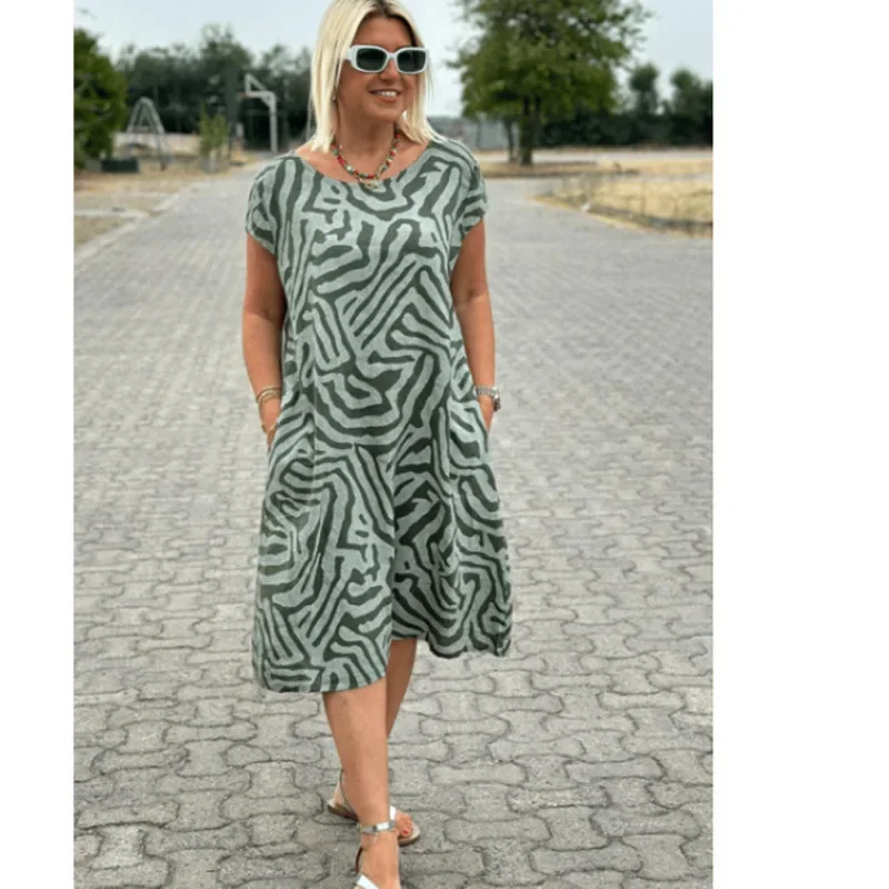 Zebra Print O-neck Rayon Midi Dress Women's Short Sleeves Loose Casual Boho Vintage Dresses for Women Robe Femme