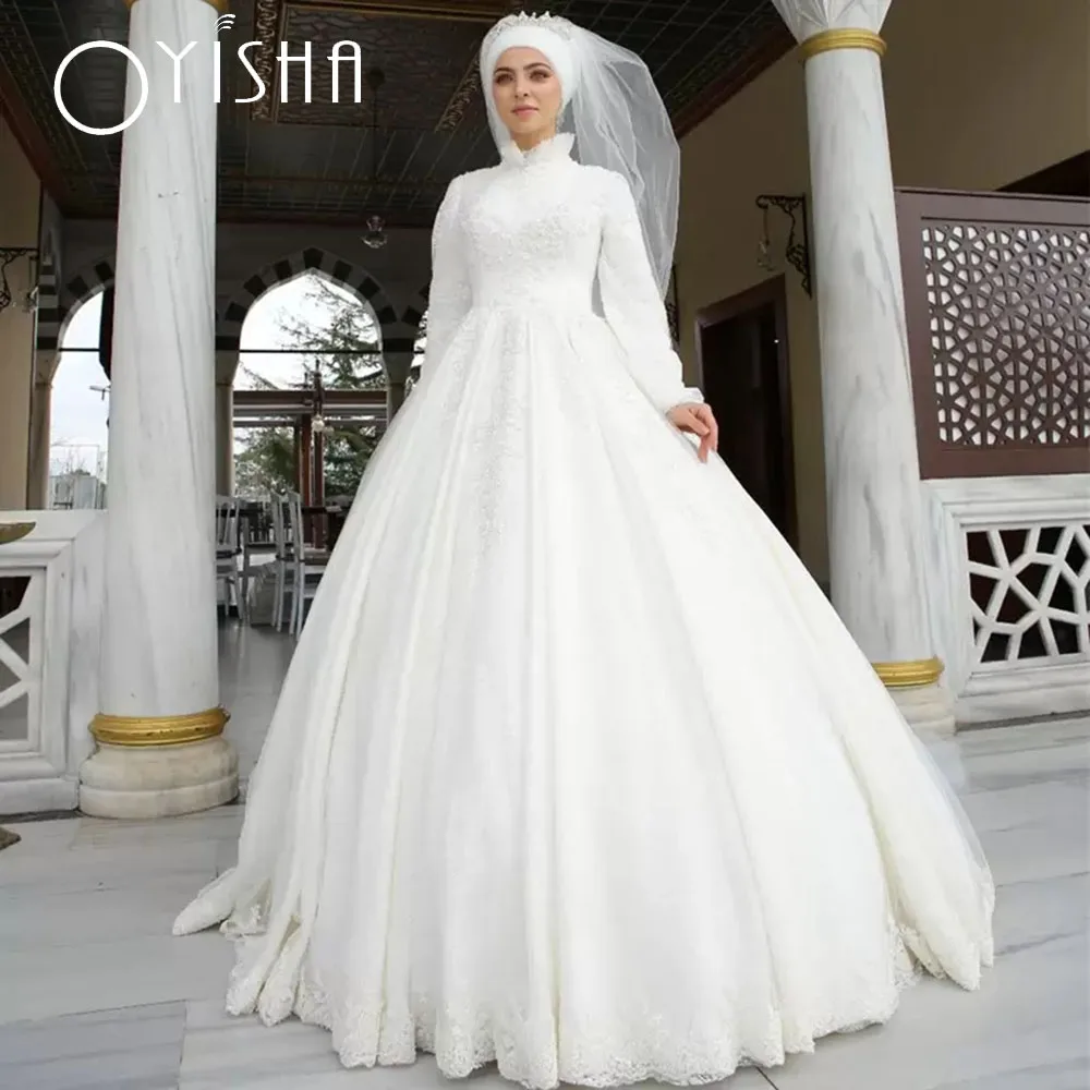 OYISHA abito da sposa musulmano bianco puro abito da sposa in pizzo a maniche lunghe con perline abito da ballo a pieghe con collo alto arabo Dubai turchia Robes