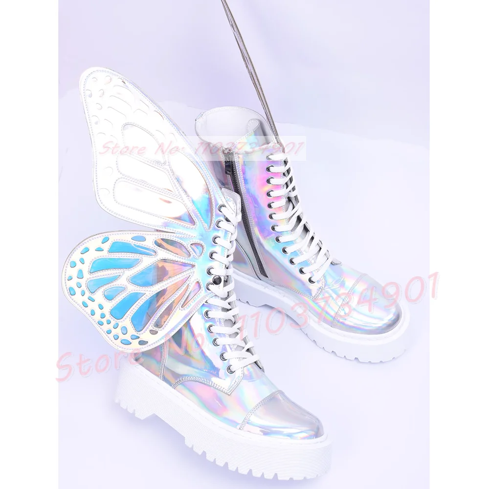 Laser Illusion Silver Butterfly Wings Ankle Boots Women Side Zipper Super Beautiful Ladies Punk Party Thick Sole Glitter Shoes